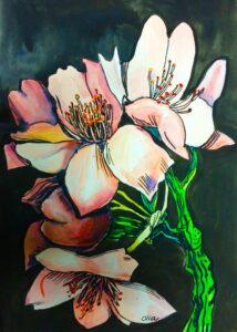 "Pink Blossoms" Watercolor And Ink Painting